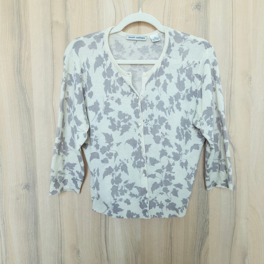Autumn Cashmere Womens Floral Cardigan L Cream Grey 100% Cashmere Cottage Preppy - Picture 5 of 9